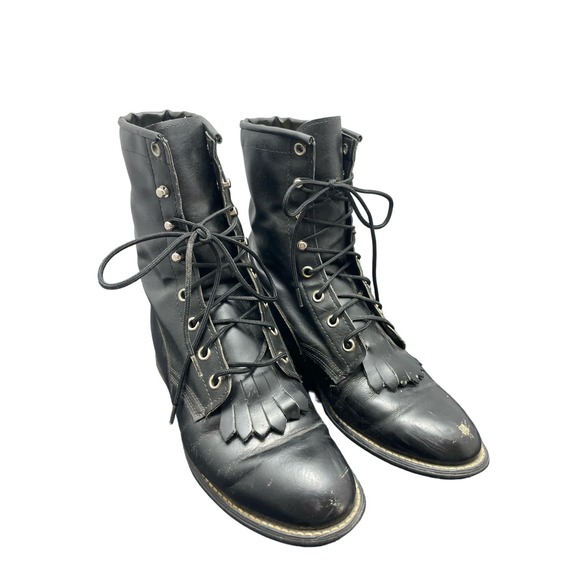 Black Western Lace Up Boots with Fringe Size 8 - Picture 7 of 9